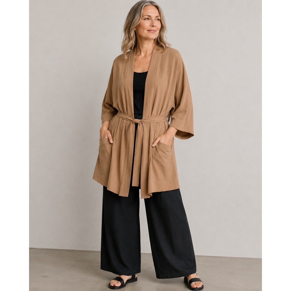 Eileen Fisher 100% Silk Kimono Jacket Women's XL Camel Open Front Belted Pockets